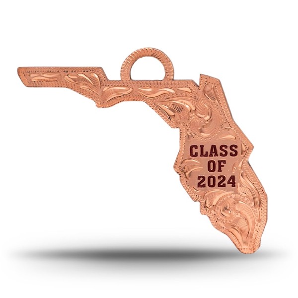 A custom silver tassel charm for 2024 graduates, designed for memorial caps, featuring a Florida State Shape